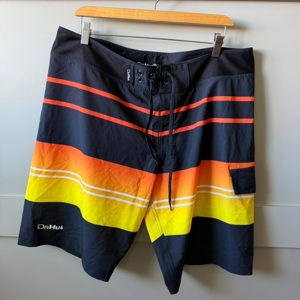 Da Hui Board Shorts Mens 36 Black Sunset Stripe Surf Swim Trunks Cargo Pocket
